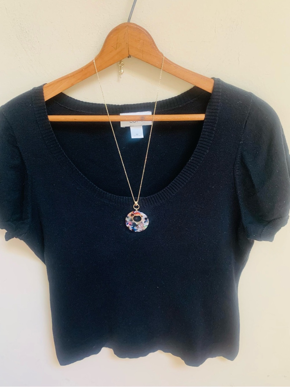 Ann Taylor Loft 100% Cotton Classic Black Cropped Short Sleeve Sweater Sz M